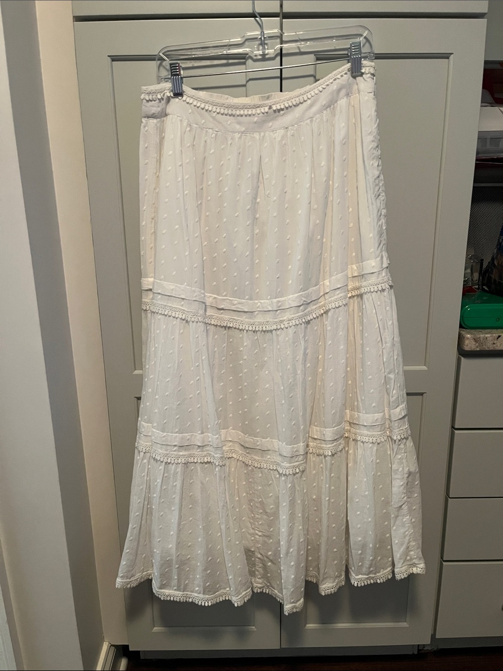 Lightweight White Tiered Maxi Skirt with Delicate Dot Texture